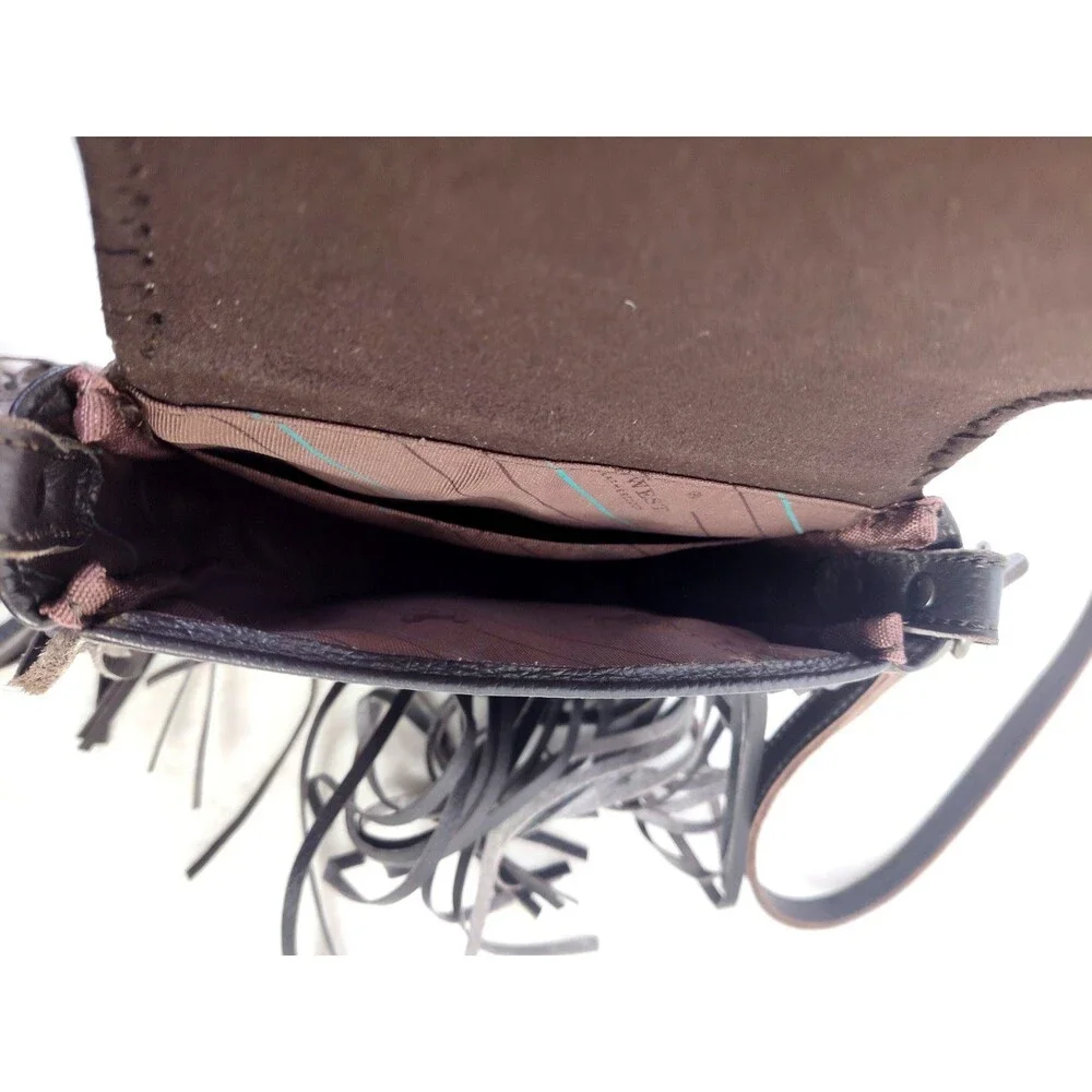 Mountain West Tooled Leather Crossbody Purse, Small, Fringed Dark Brown Handbag